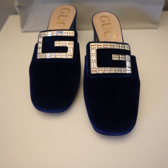 Gucci Madelyn Mules Crystal Logo Velvet Cobalt Blue Size 38 8 - Picture 2 of 12